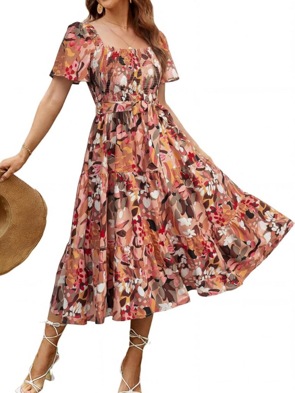 Boho Floral Midi Dress - Long Sleeve, Square Neck, Perfect for Spring & Fall